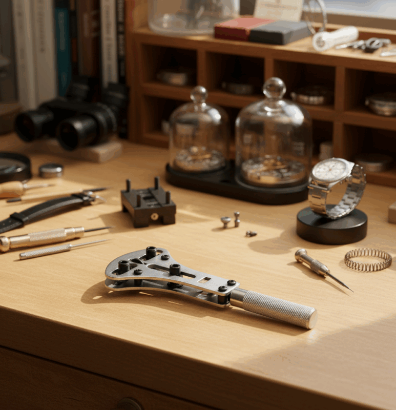 Destapador Jumbo Jaxa XL para relojes grandes, con pines intercambiables y caja azul y blanca